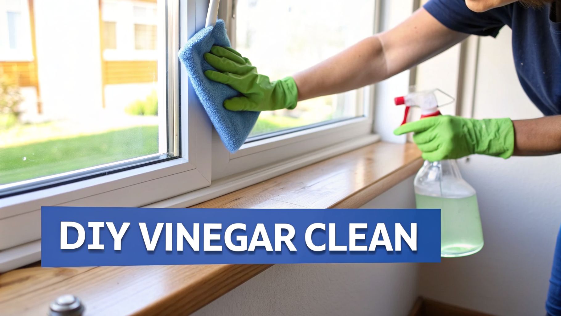 A person in green gloves cleans a window with a blue cloth and a spray bottle, promoting DIY vinegar clean.