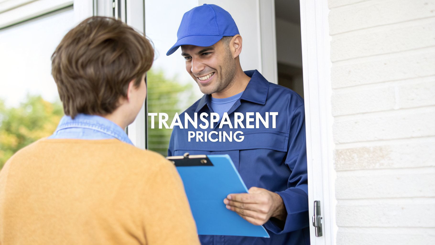 A smiling service technician in uniform shows a clipboard to a customer at their home, emphasizing transparent pricing.