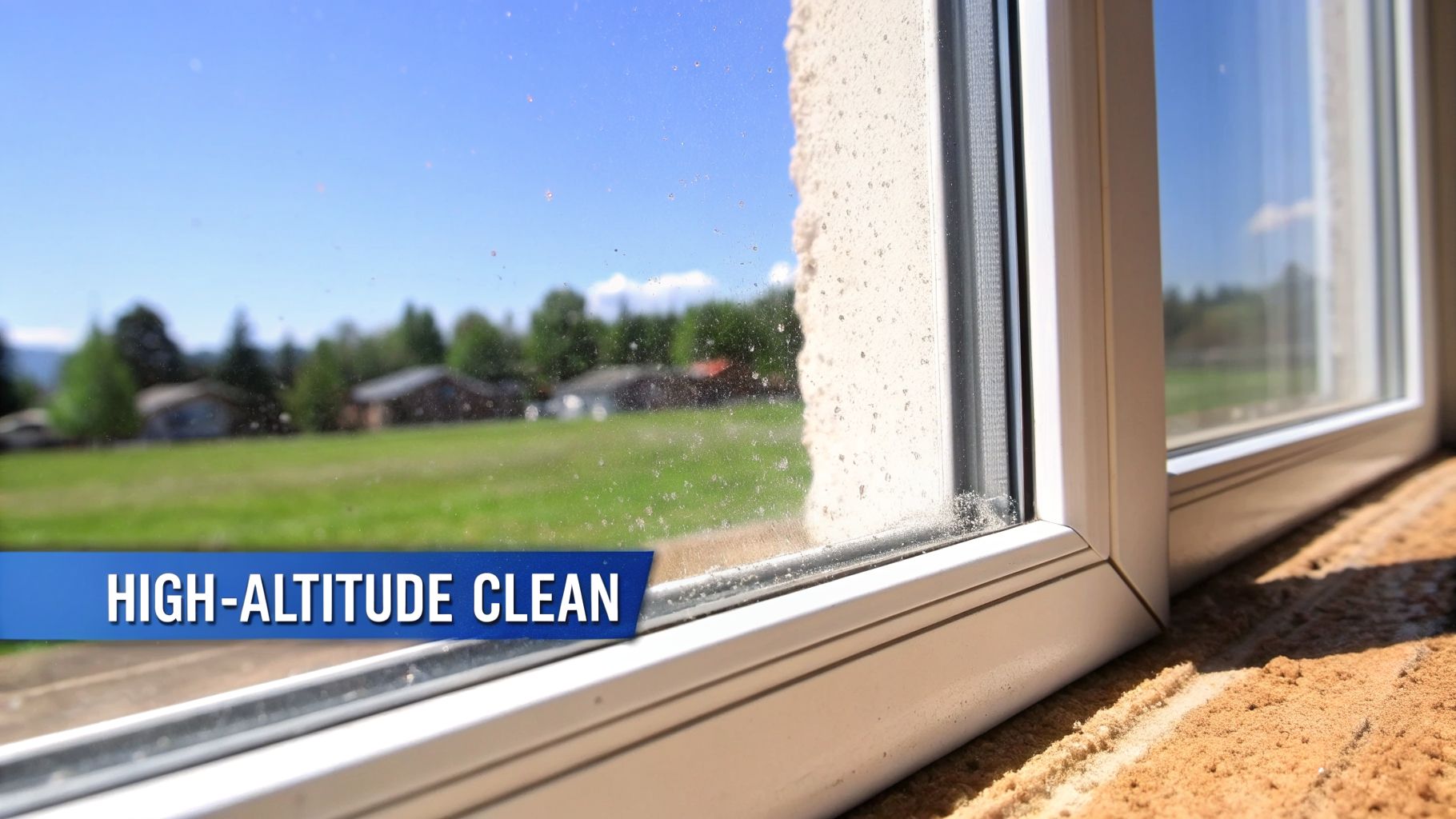 A dirty window with a white frame, showcasing an outdoor view and a "HIGH-ALTITUDE CLEAN" banner.