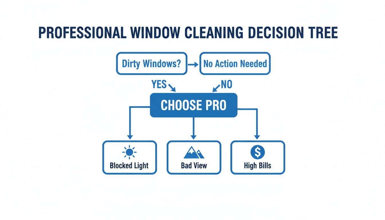 A flowchart showing a professional window cleaning decision tree, from dirty windows to choosing a pro.
