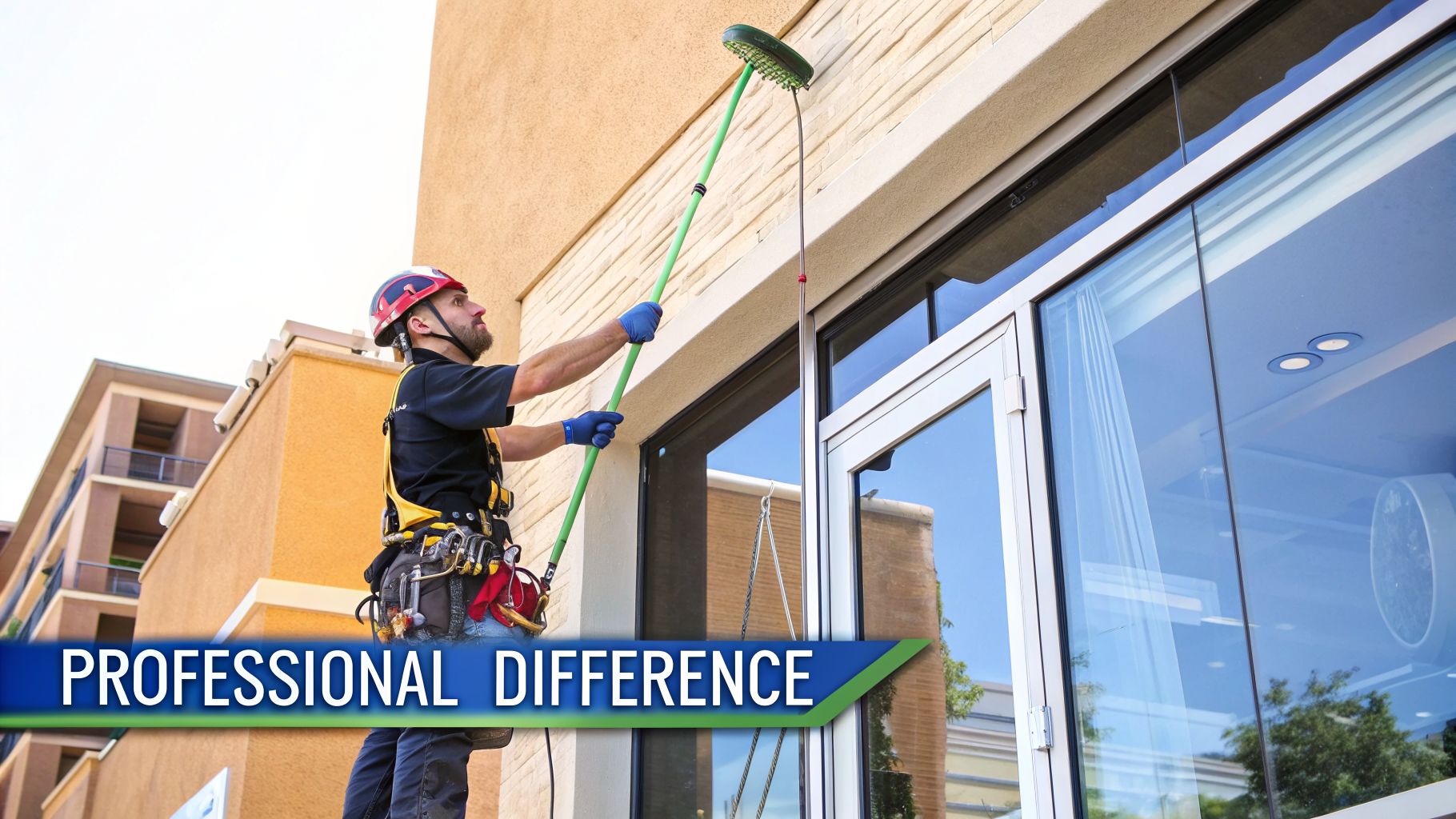 Professional window cleaner in a helmet and harness cleaning a building's exterior with a long brush.