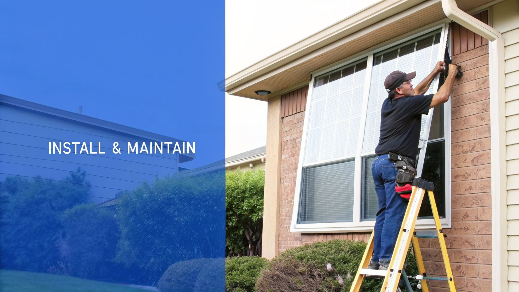 Man on a ladder installing a solar screen on a house window, with 'INSTALL & MAINTAIN' text overlay.