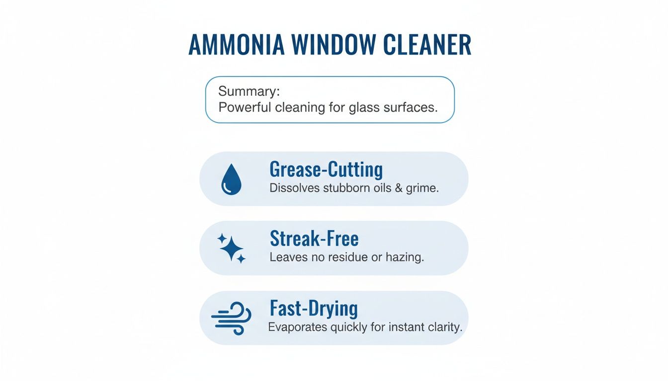 An infographic detailing ammonia window cleaner features: powerful, grease-cutting, streak-free, and fast-drying for glass.