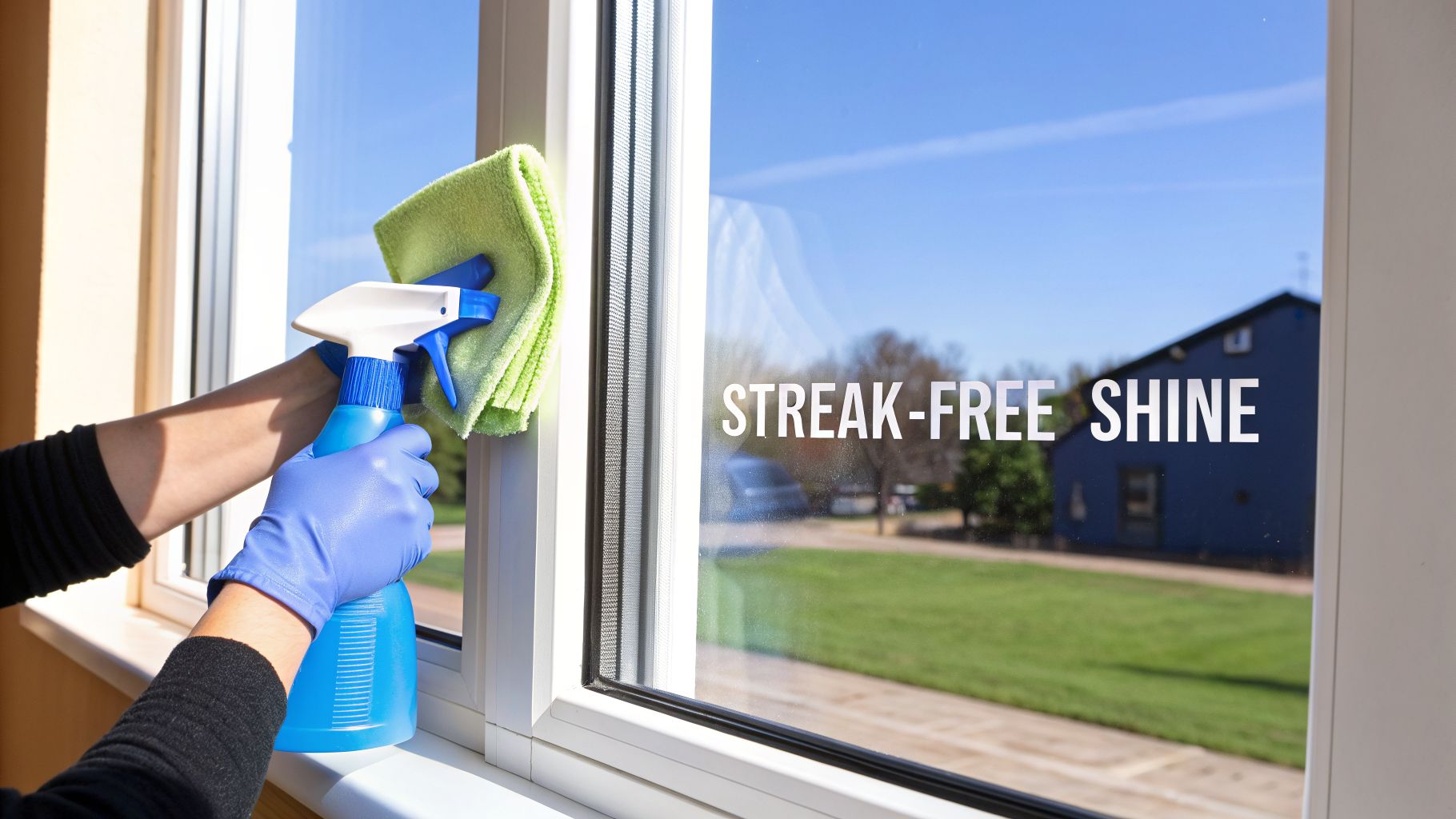 A person in blue gloves cleans a window with a spray bottle and cloth, highlighting 'Streak-Free Shine'.