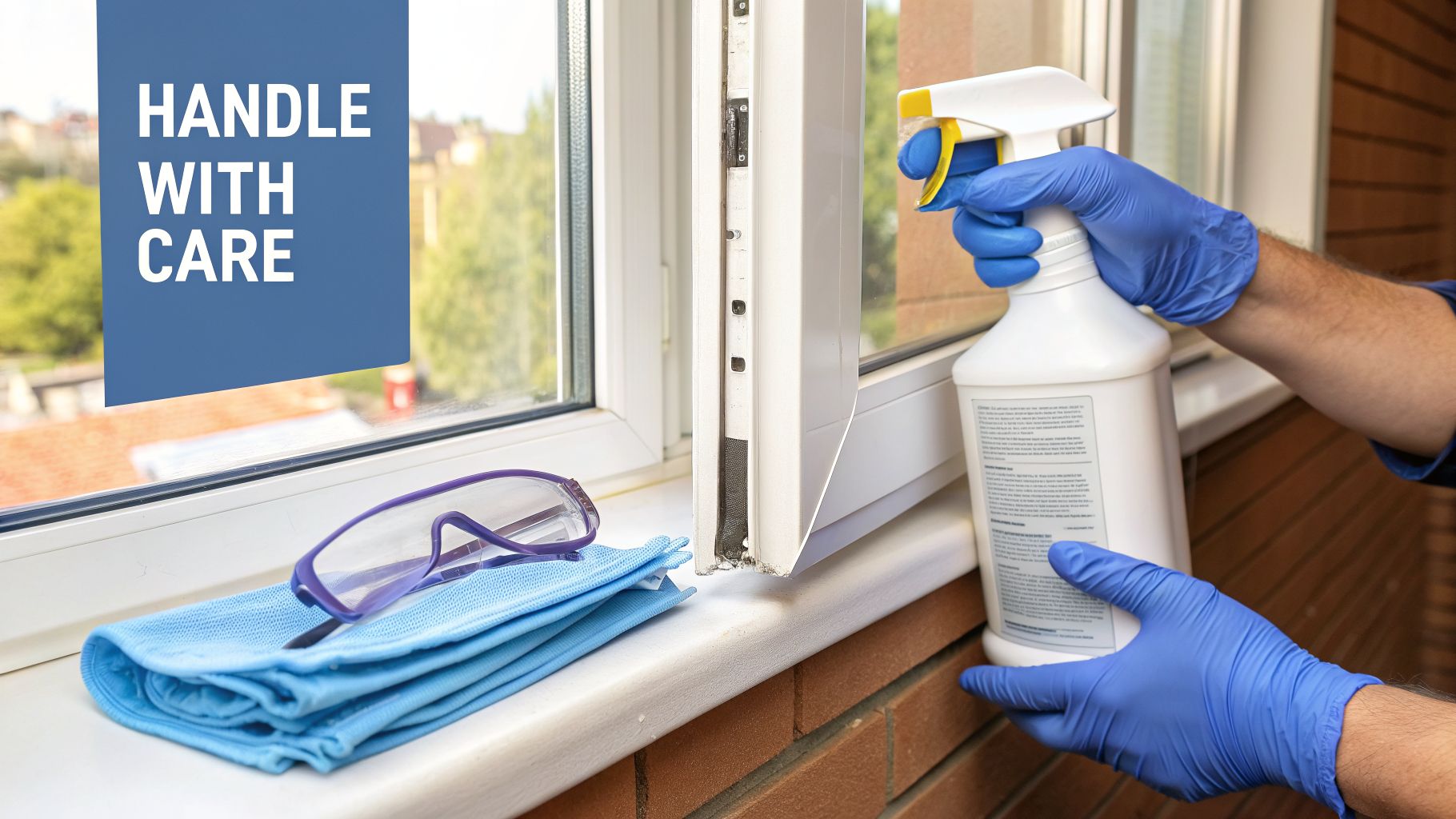 Person in blue gloves sprays a window with cleaner, with safety glasses and cloths nearby.