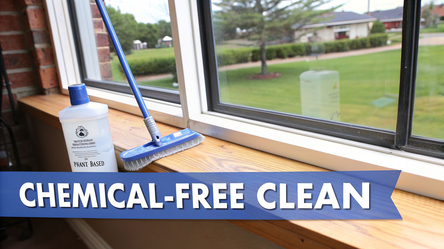A bottle of plant-based cleaner and a blue brush on a wooden window sill, with a "Chemical-Free Clean" banner.