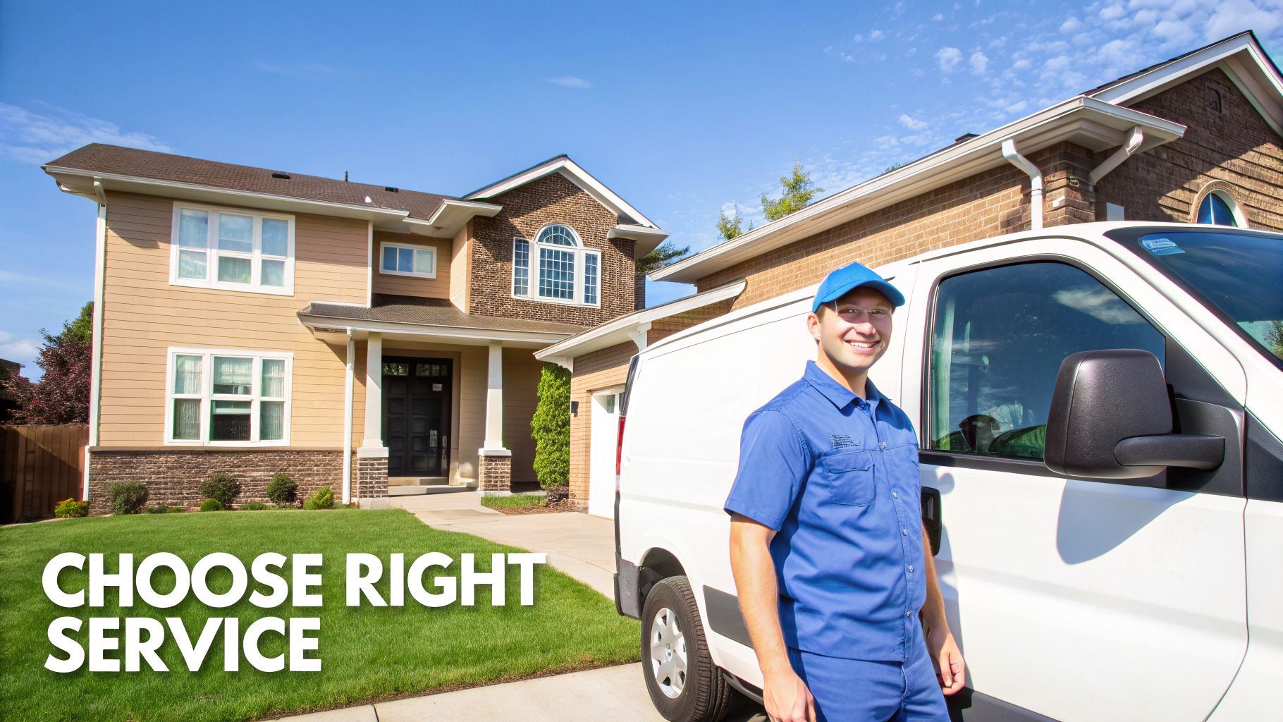 A cheerful service technician in blue stands by a white van outside a residential house on a sunny day.