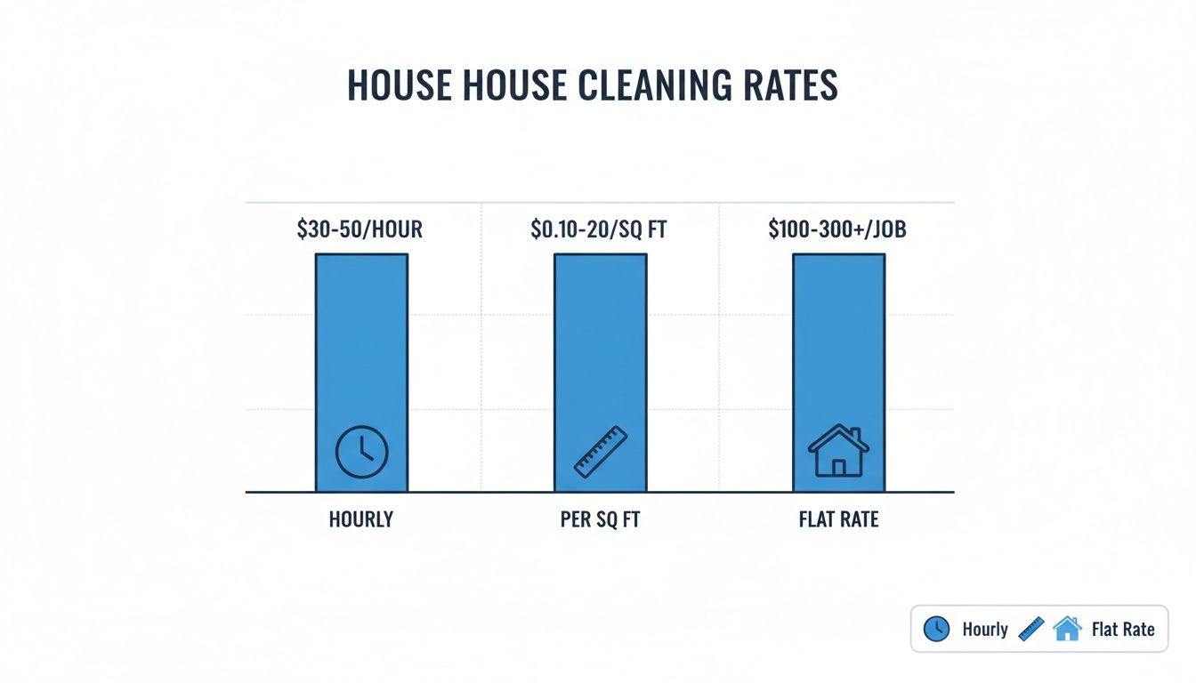 Bar chart illustrating average house cleaning rates by hourly, per square foot, and flat rate pricing.