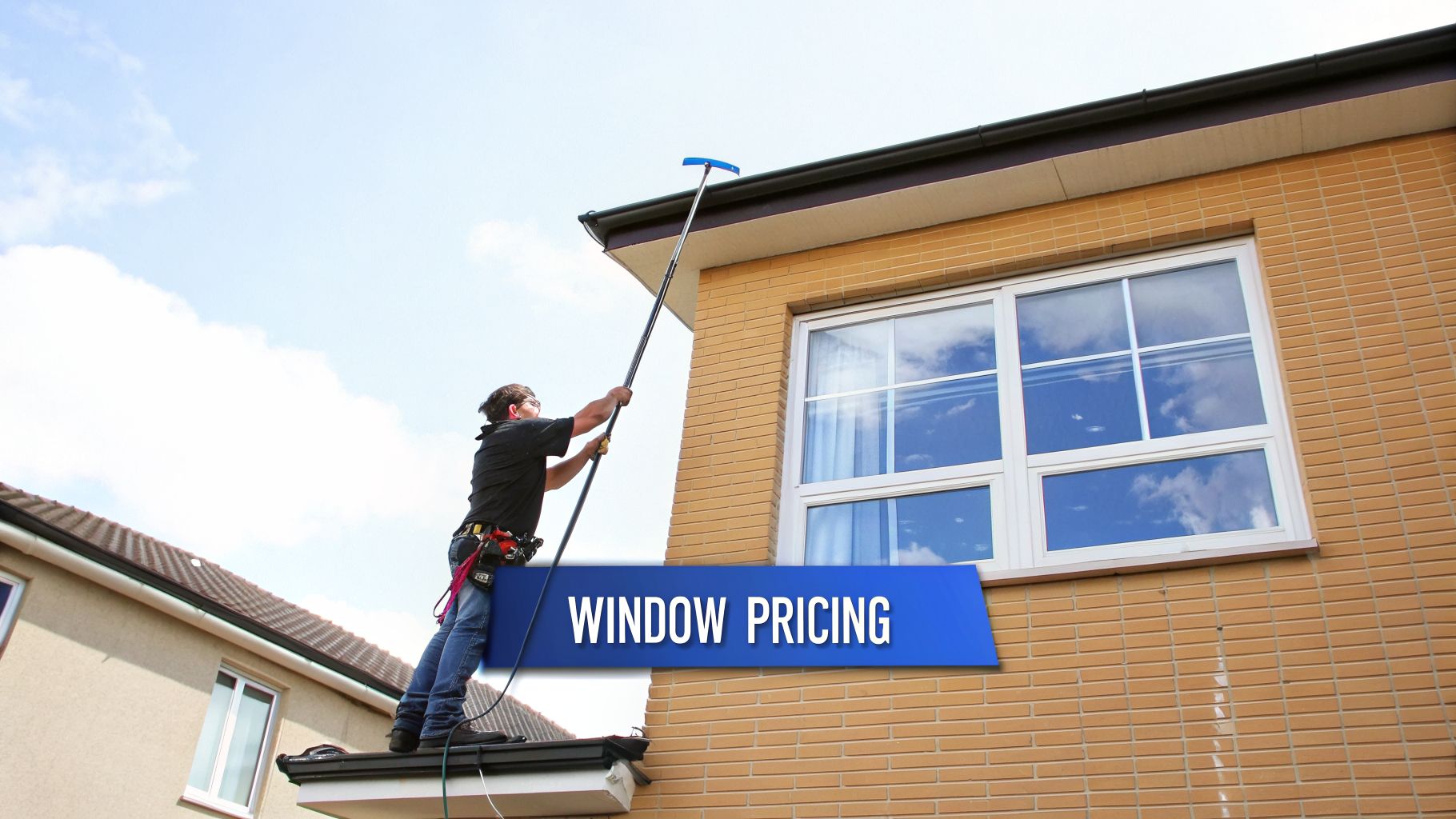 A professional window cleaner on a rooftop using a long pole to clean house windows, with a 'Window Pricing' banner.