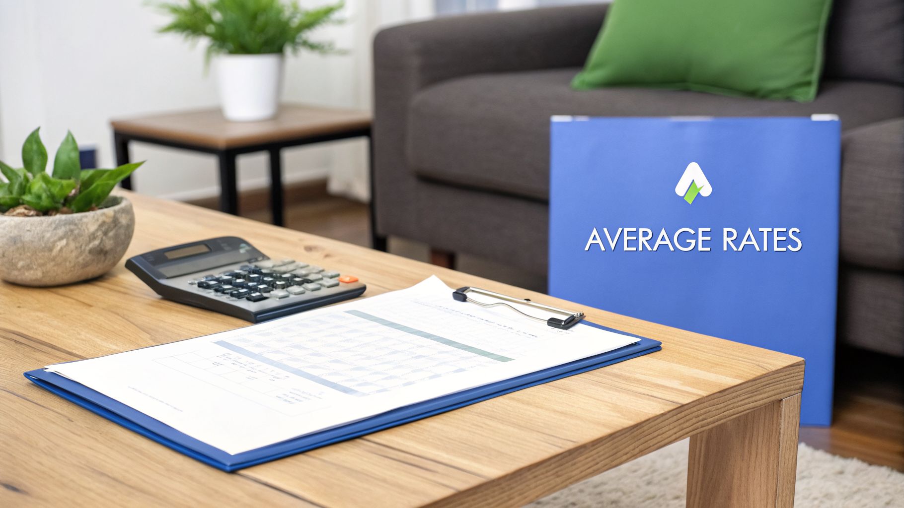 A calculator and clipboard on a wooden table, with a blue folder displaying 'AVERAGE RATES' in the background.