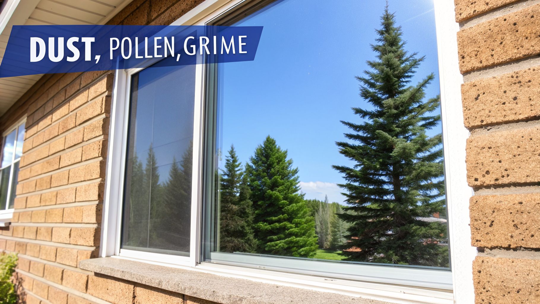 A dirty house window reflecting trees and blue sky, with a blue banner reading 'DUST, POLLEN, GRIME'.