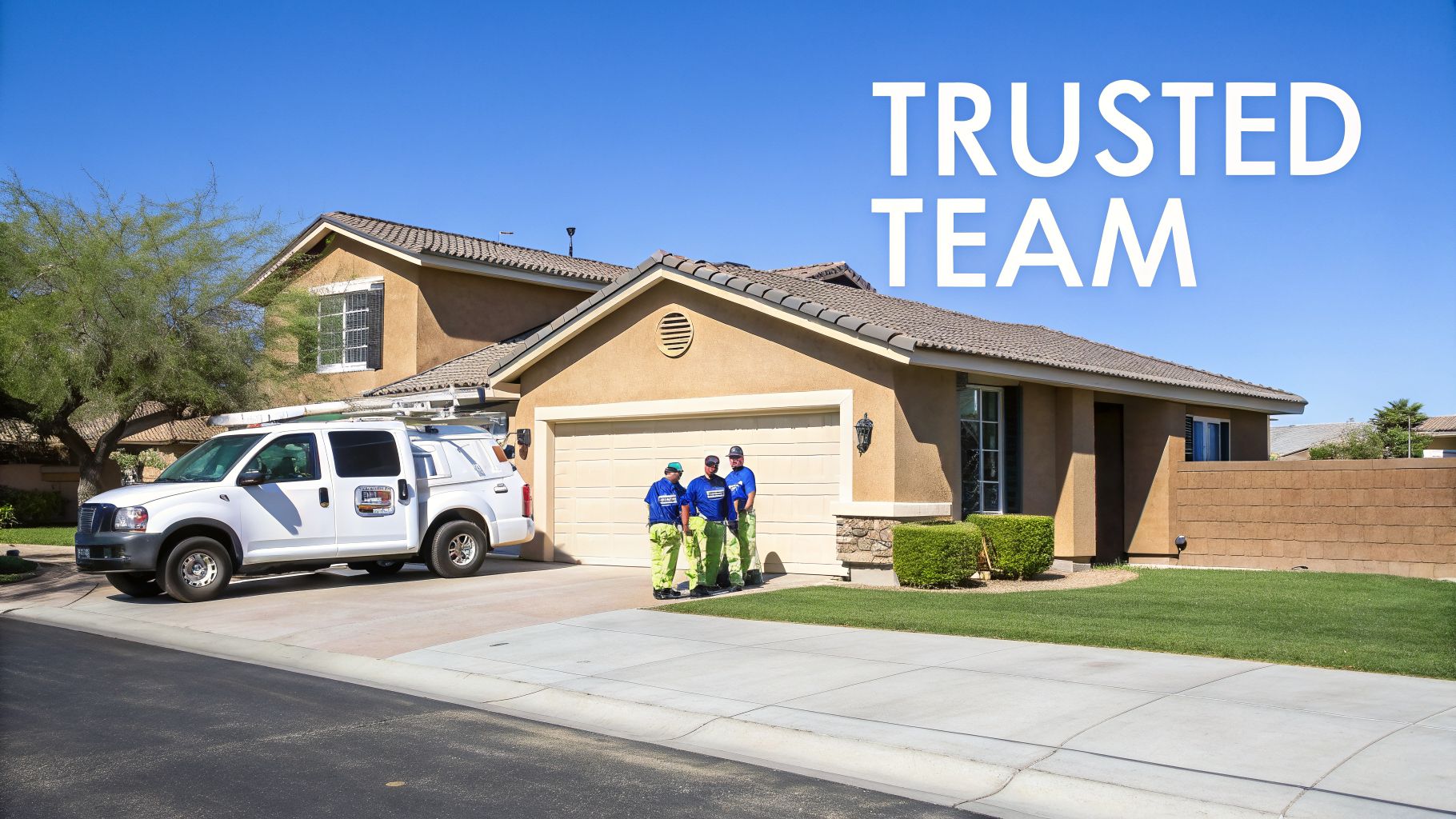 Three uniformed service workers and a white truck are parked in front of a modern house, suggesting home service.