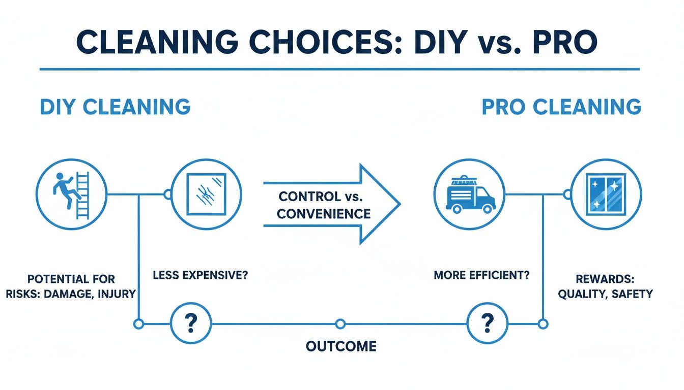 Infographic comparing DIY cleaning risks and costs with professional cleaning efficiency and quality rewards.
