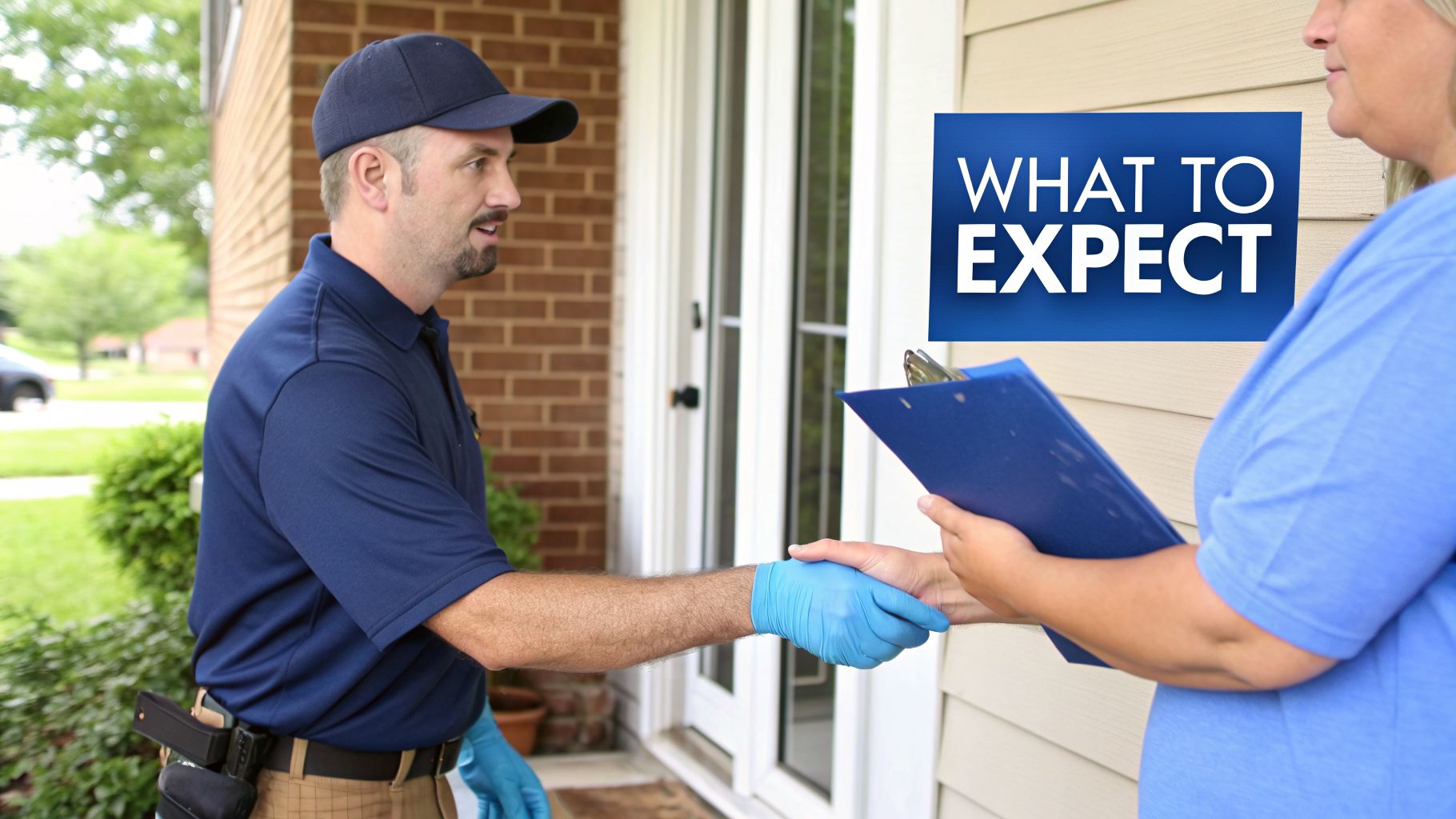 A service worker in blue gloves shakes hands with a woman holding a clipboard outside a house, with 'WHAT TO EXPECT' overlay.
