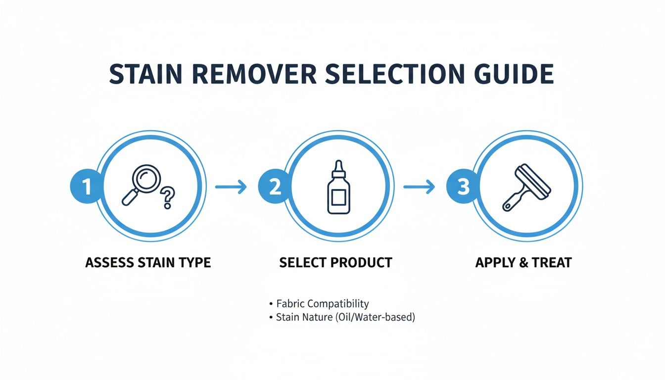 A three-step guide for stain remover selection, covering stain assessment, product choice, and application.