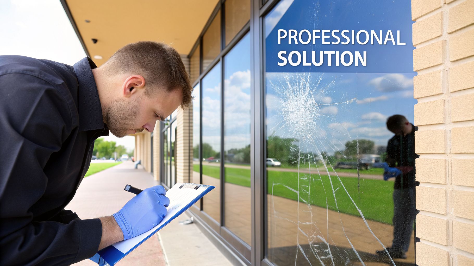 Technician in blue gloves inspects and writes on a clipboard next to a broken commercial window.