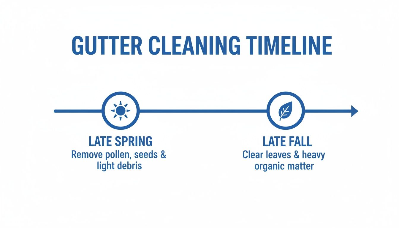 A gutter cleaning timeline showing tasks for late spring (pollen, seeds) and late fall (leaves, organic matter).