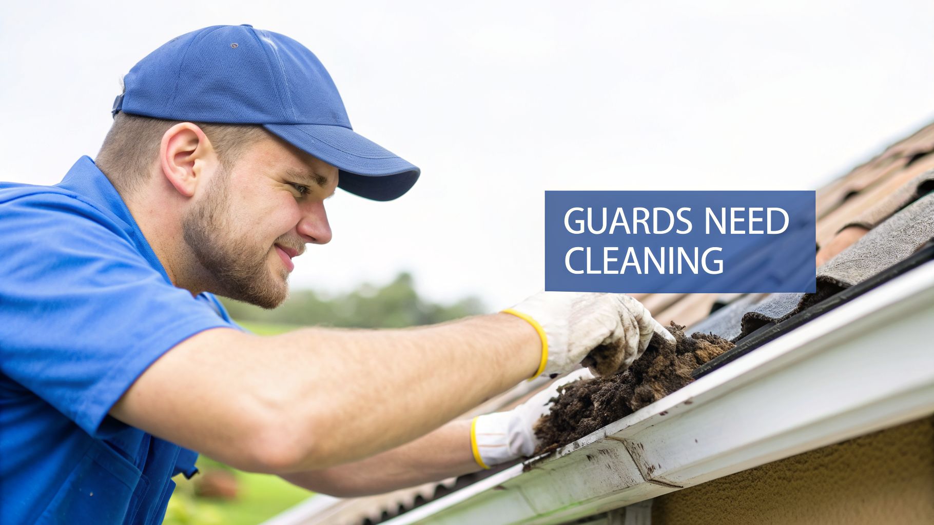 Smiling man in blue cap and gloves cleaning debris from a clogged house gutter.