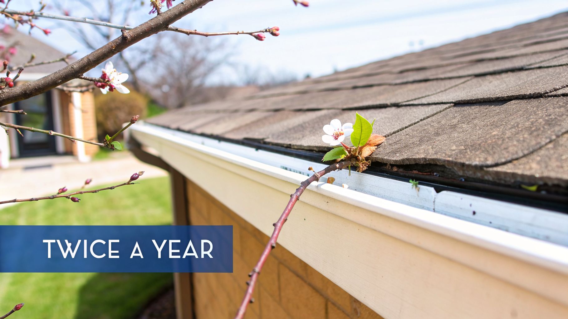 Close-up of a dirty house gutter with a plant and white flower growing, next to a shingled roof.