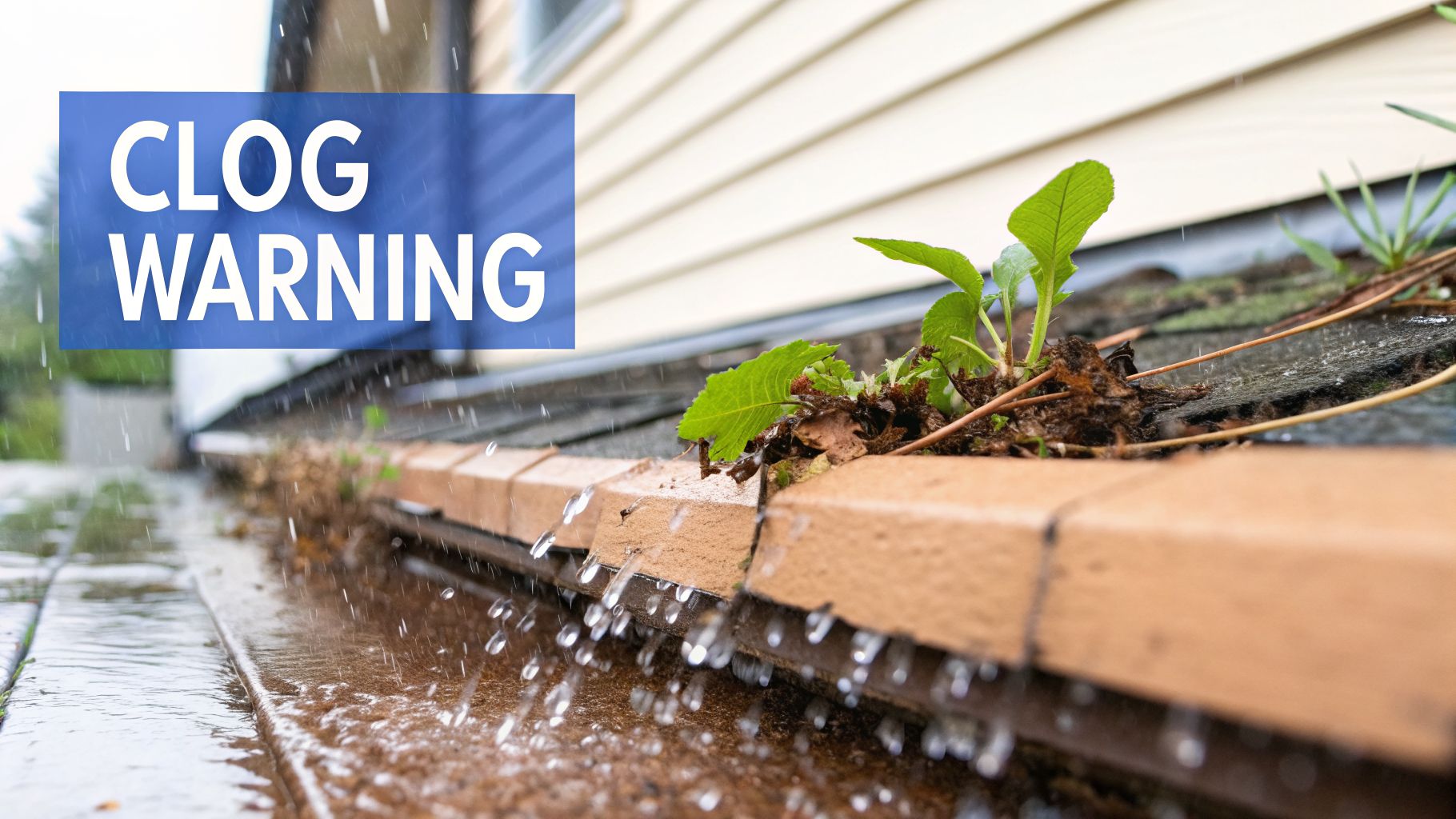 Rainwater overflowing from a dirty, clogged gutter with a 'CLOG WARNING' sign.