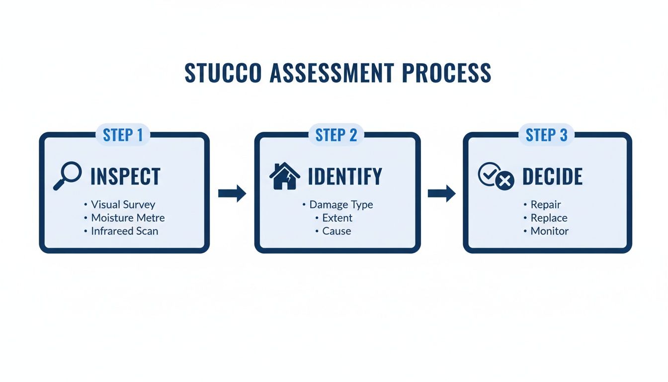 An infographic outlining the 3-step stucco assessment process: Inspect, Identify damage, and Decide on repair options.