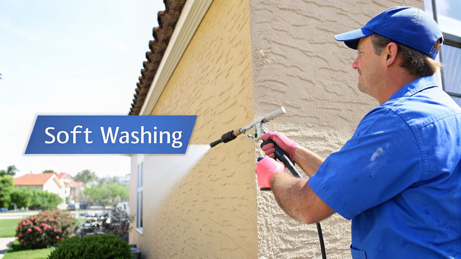 A man in blue uniform and pink gloves soft washing a textured stucco house wall.