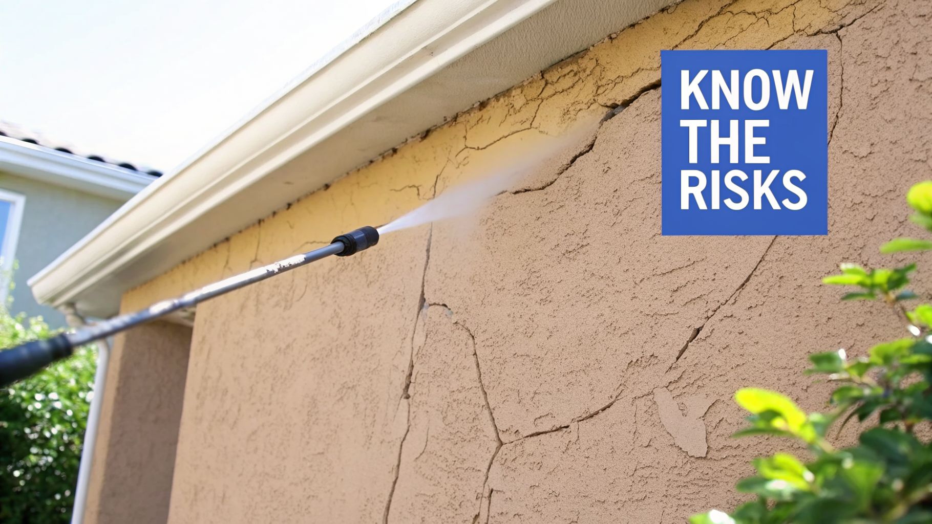 A pressure washer sprays a severely cracked stucco wall of a house, highlighting potential risks of damage.
