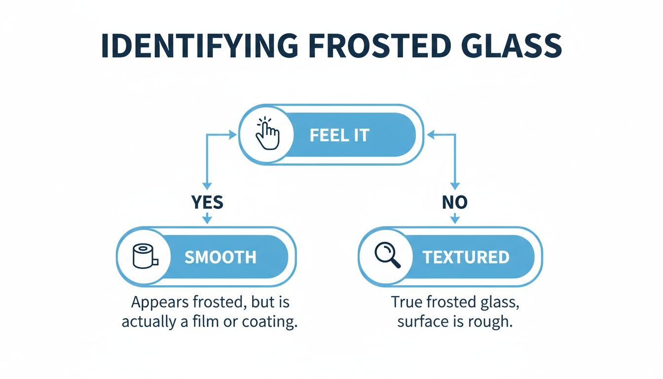 Flowchart explaining how to identify true frosted glass by feeling its surface texture.