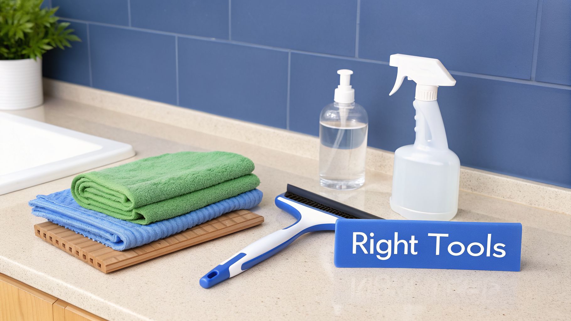 A collection of cleaning tools, including colorful towels, spray bottles, and a squeegee, on a kitchen counter.