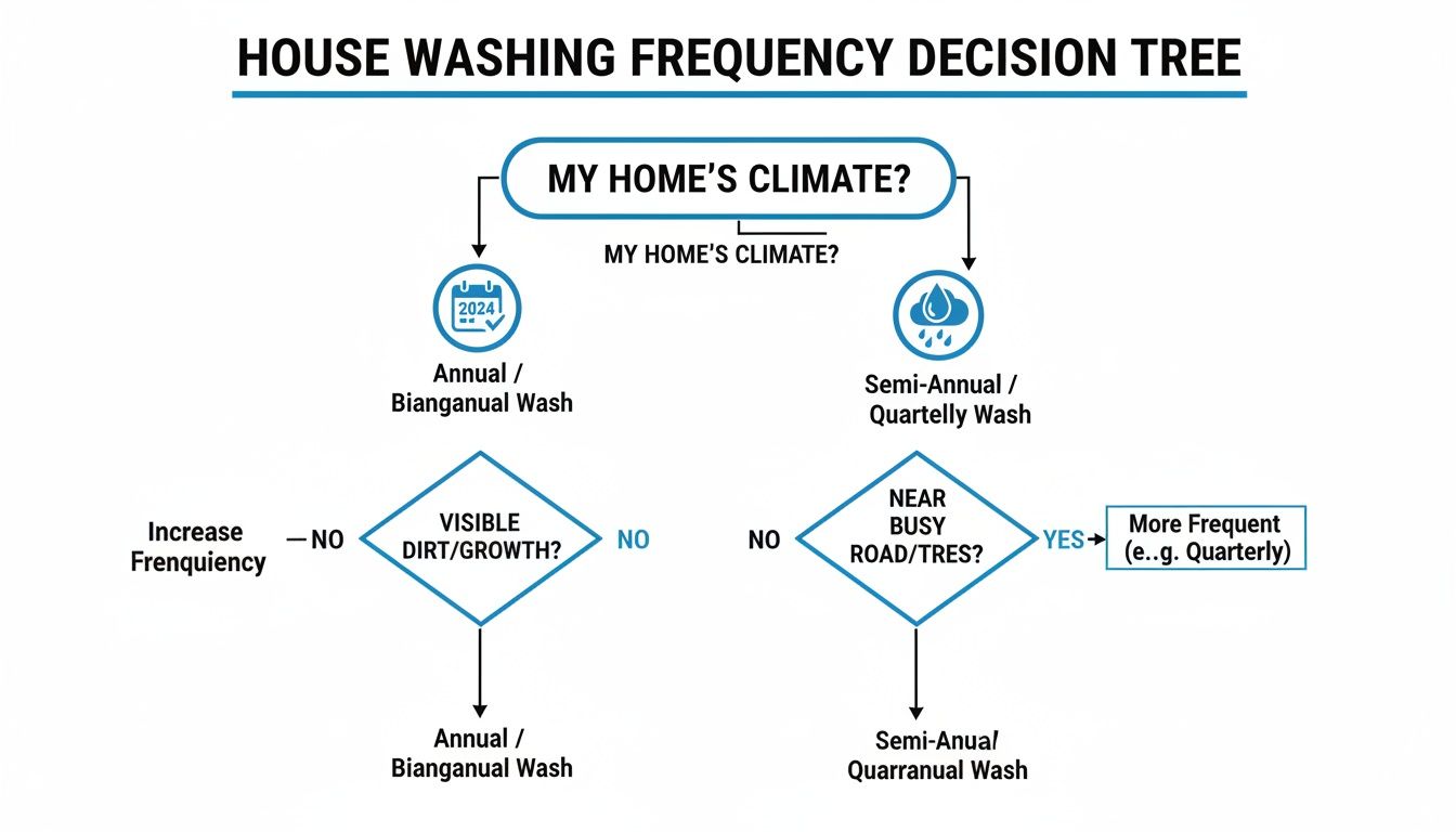 Decision tree flowchart guides house washing frequency based on climate, visible dirt, and road proximity.