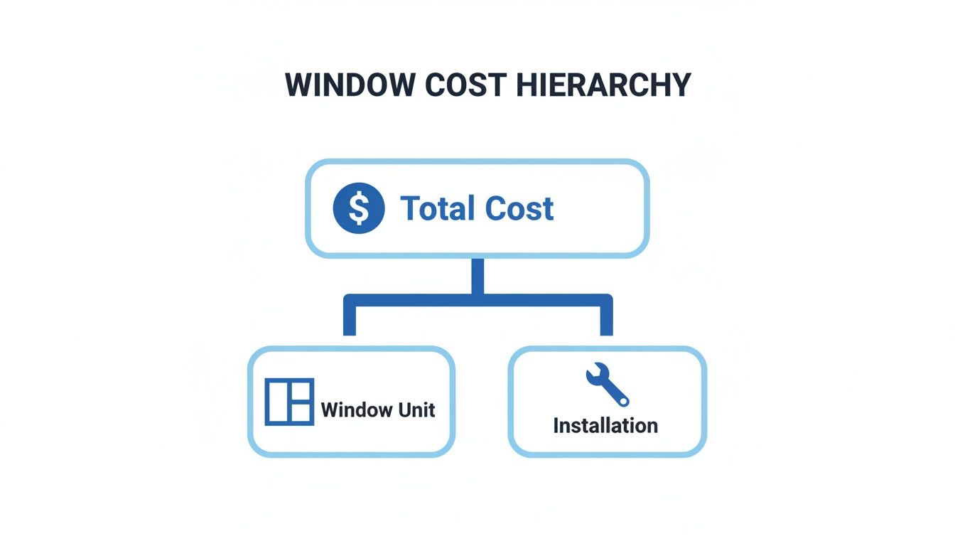A diagram illustrates the window cost hierarchy, showing Total Cost divided into Window Unit and Installation.