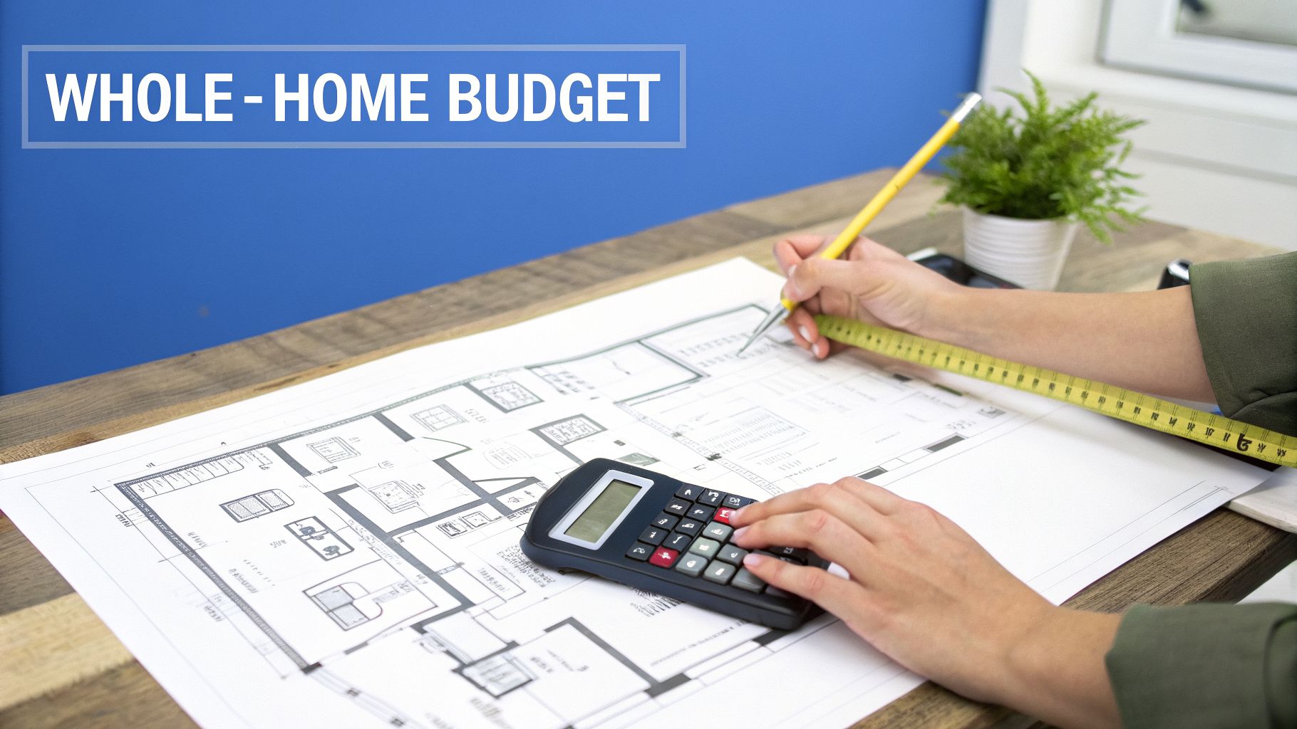 A person's hands work on architectural blueprints with a calculator, pencil, and measuring tape, for a whole-home budget.