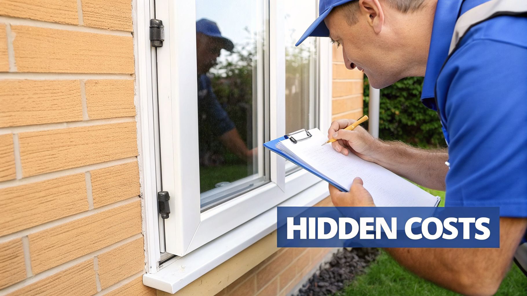 A man in a blue cap and uniform inspecting a casement window on a brick house, taking notes on a clipboard.