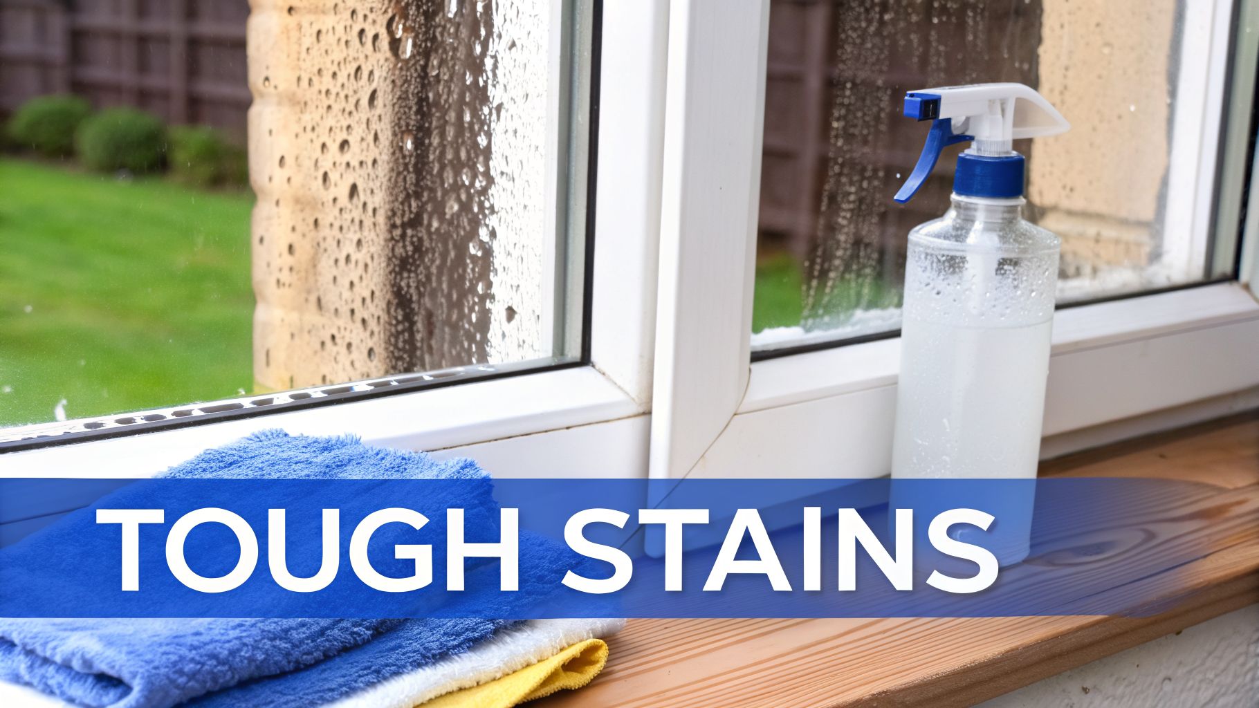 A spray bottle, cleaning cloths, and a window with water droplets, highlighting 'tough stains'.