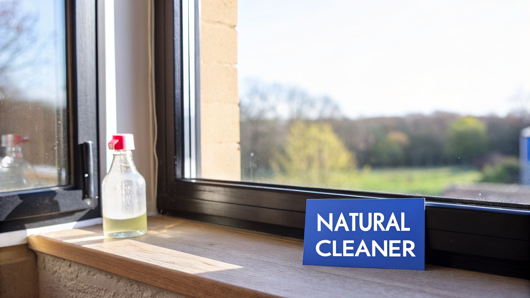 A natural cleaner bottle and a sign on a window sill with an outdoor view.
