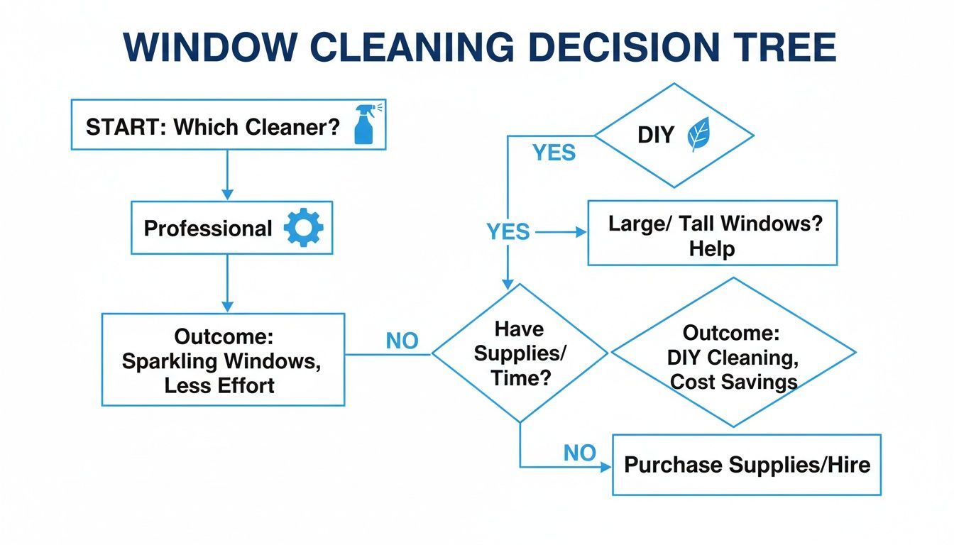 A decision tree flowchart for window cleaning, comparing professional services versus DIY options.