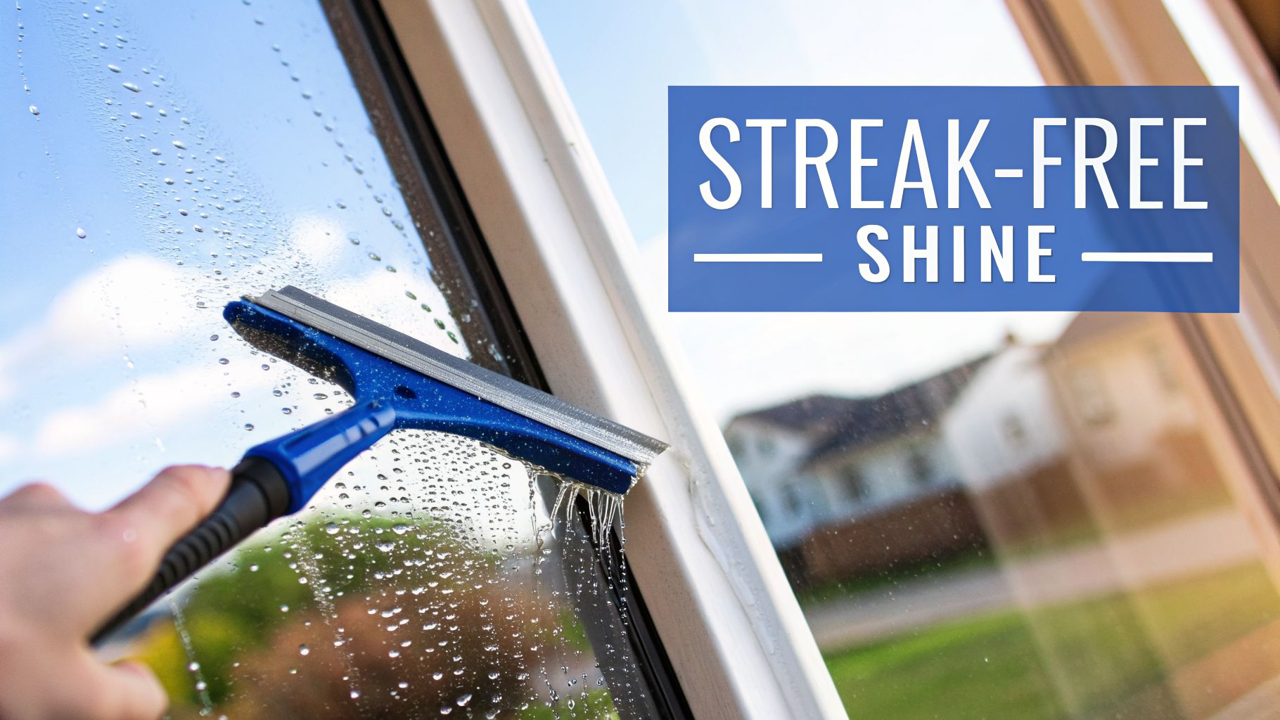 A hand using a blue squeegee to clean a wet window, aiming for a streak-free shine.