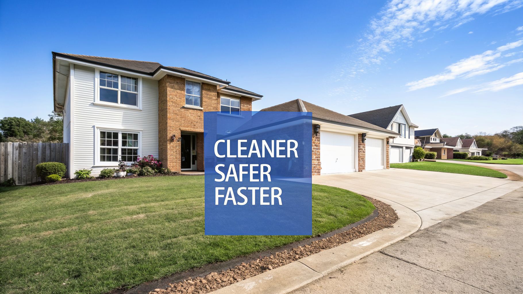 A two-story suburban house with a green lawn and driveway, featuring a 'CLEANER SAFER FASTER' overlay.