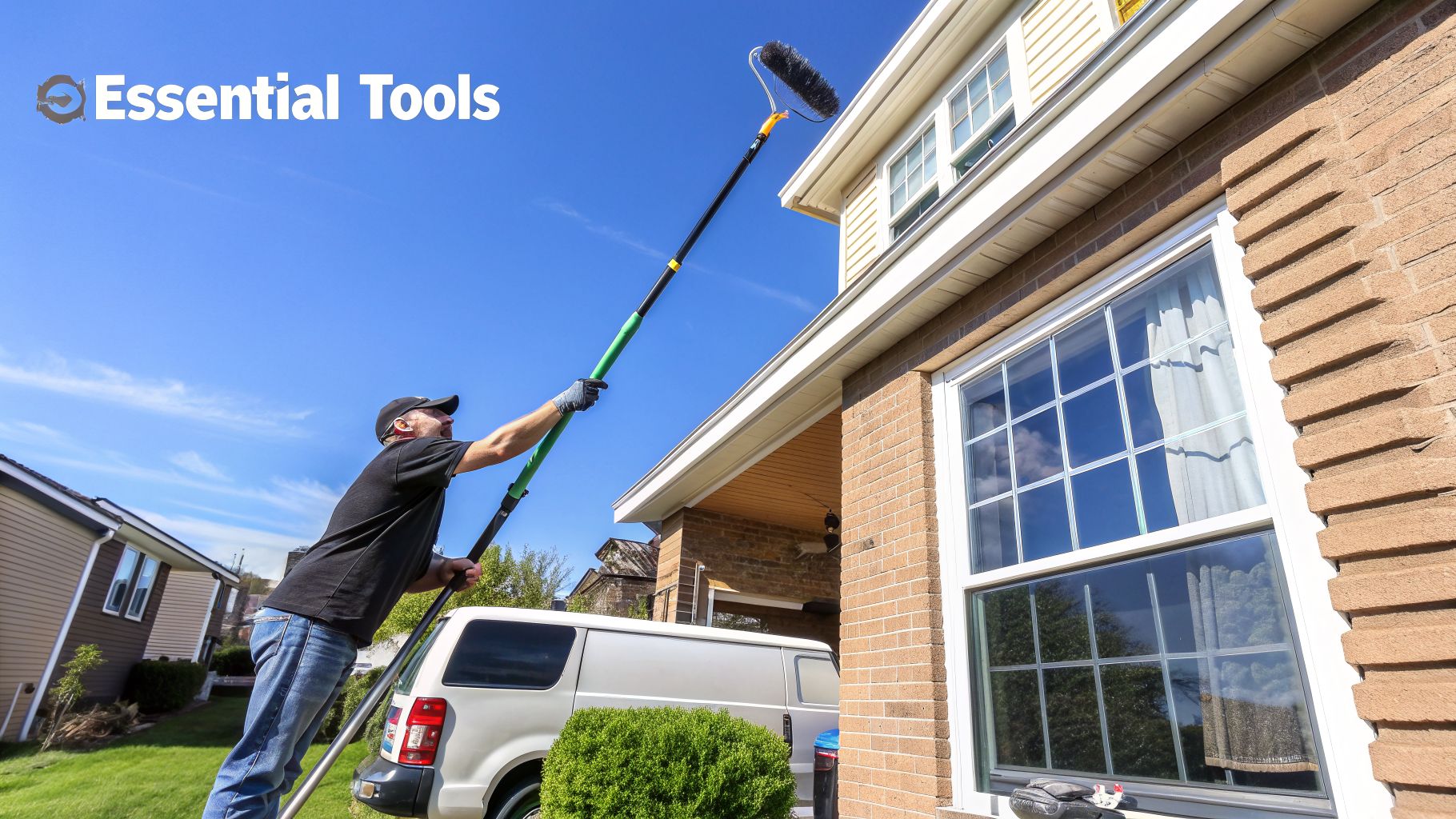 A man uses a long water-fed pole with a brush to clean house windows on a sunny day.