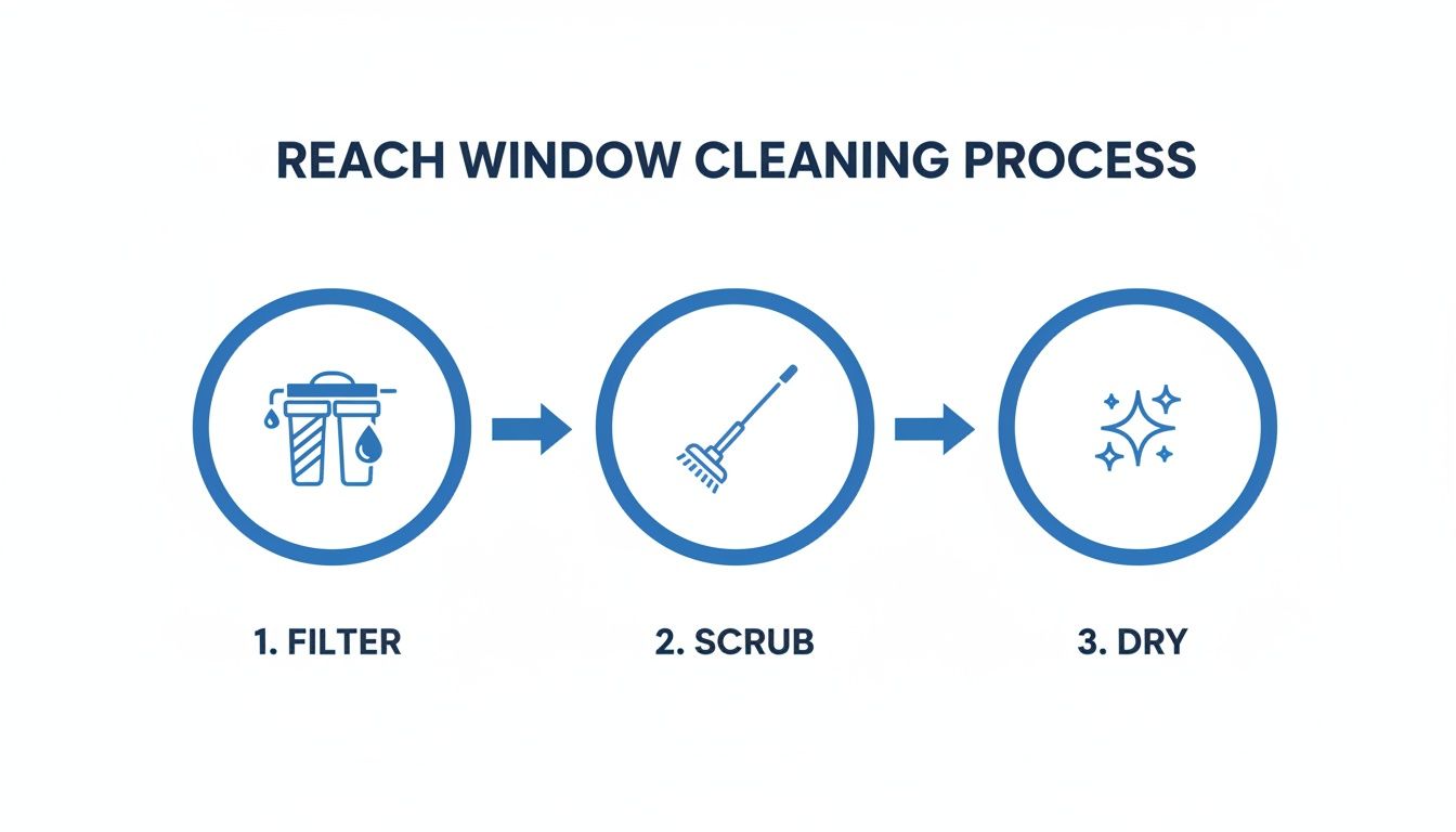 Diagram illustrating the three-step Reach window cleaning process: filter, scrub, and dry.
