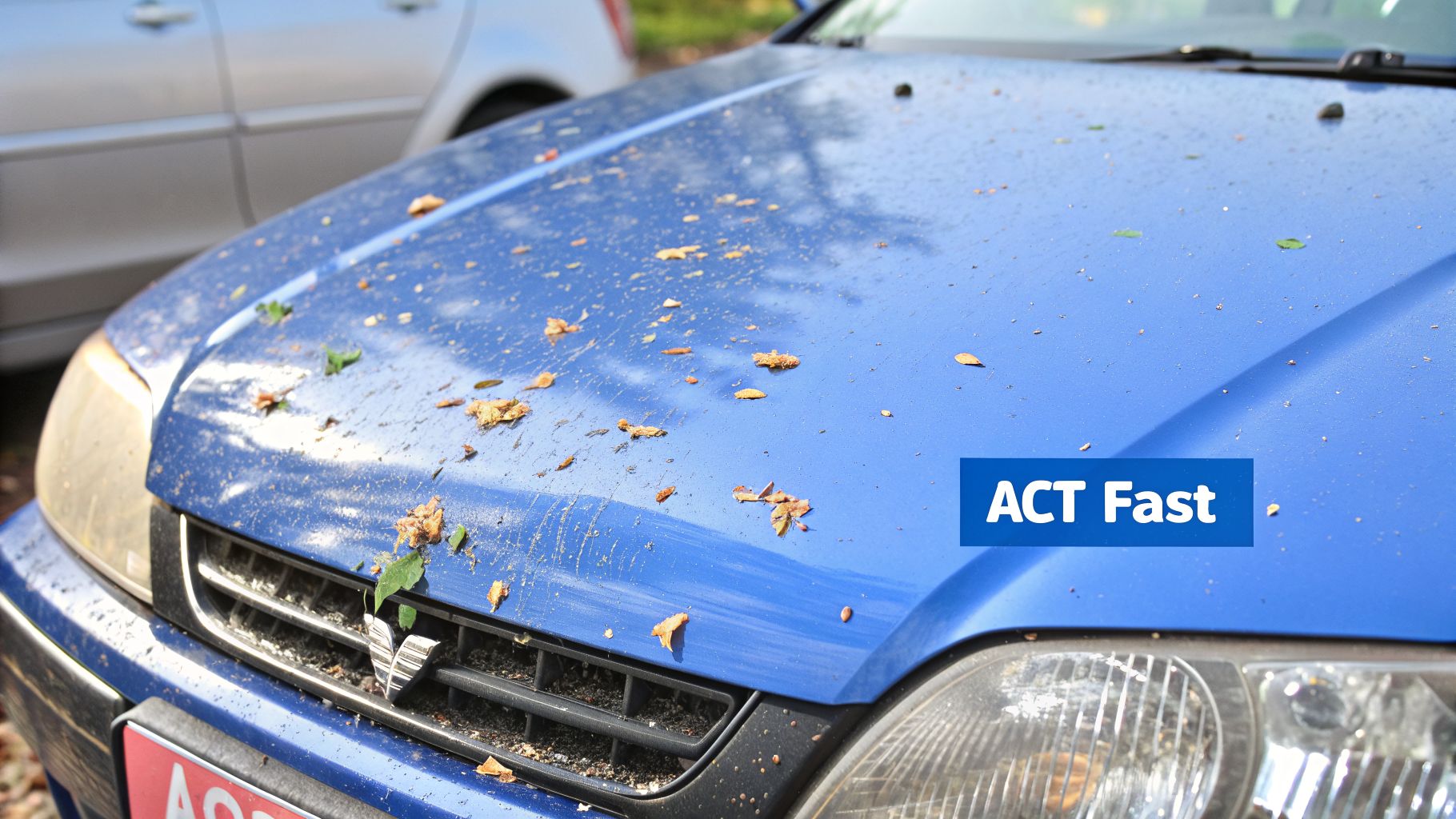 Front of a dirty blue car hood covered in leaves, dust, and bird droppings.