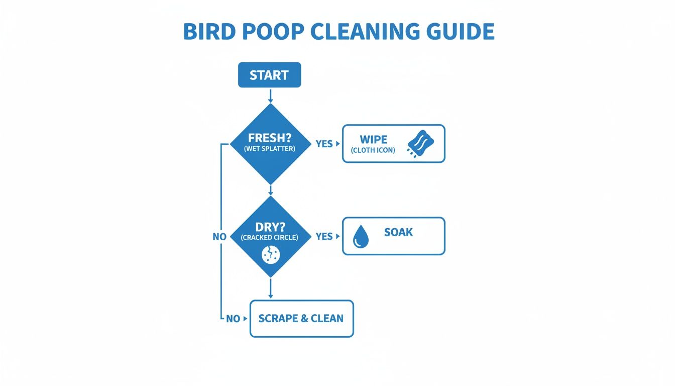 Flowchart outlining steps to clean bird poop, distinguishing between fresh, dry, or stubborn stains for optimal removal.
