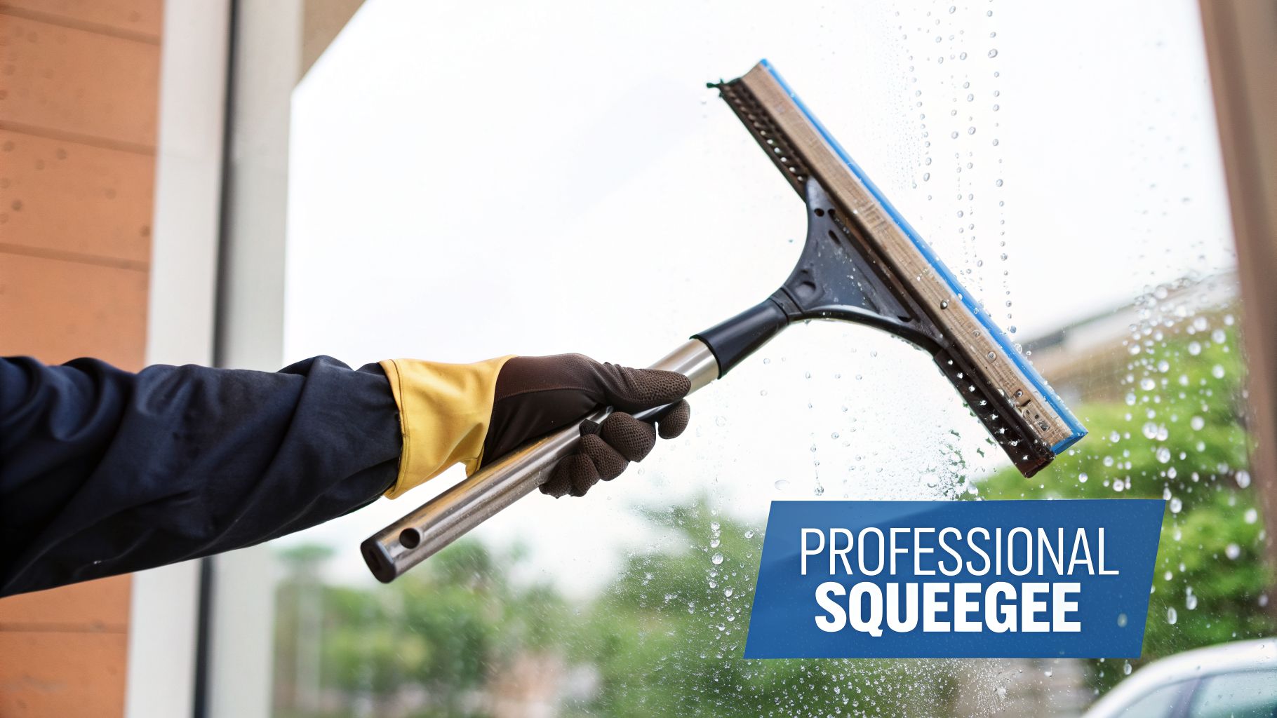 A gloved hand cleans a window with a professional squeegee, leaving water droplets.