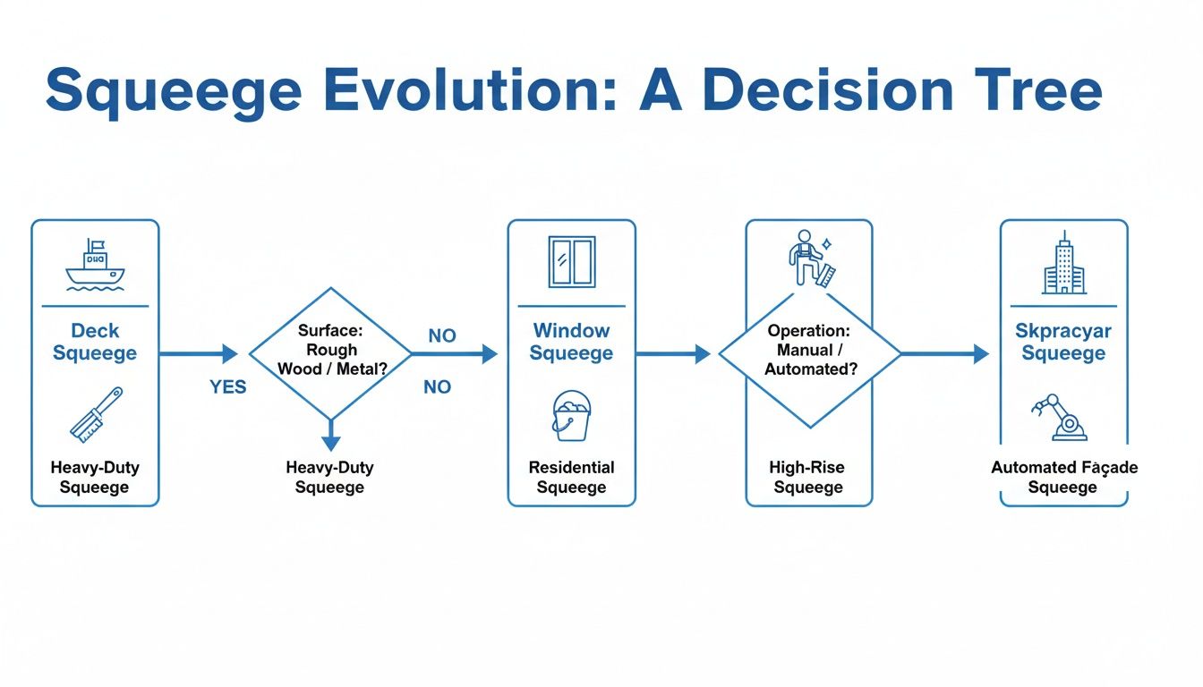 A decision tree diagram titled 'Squeegee Evolution' showing different squeegee types based on surface and operation.