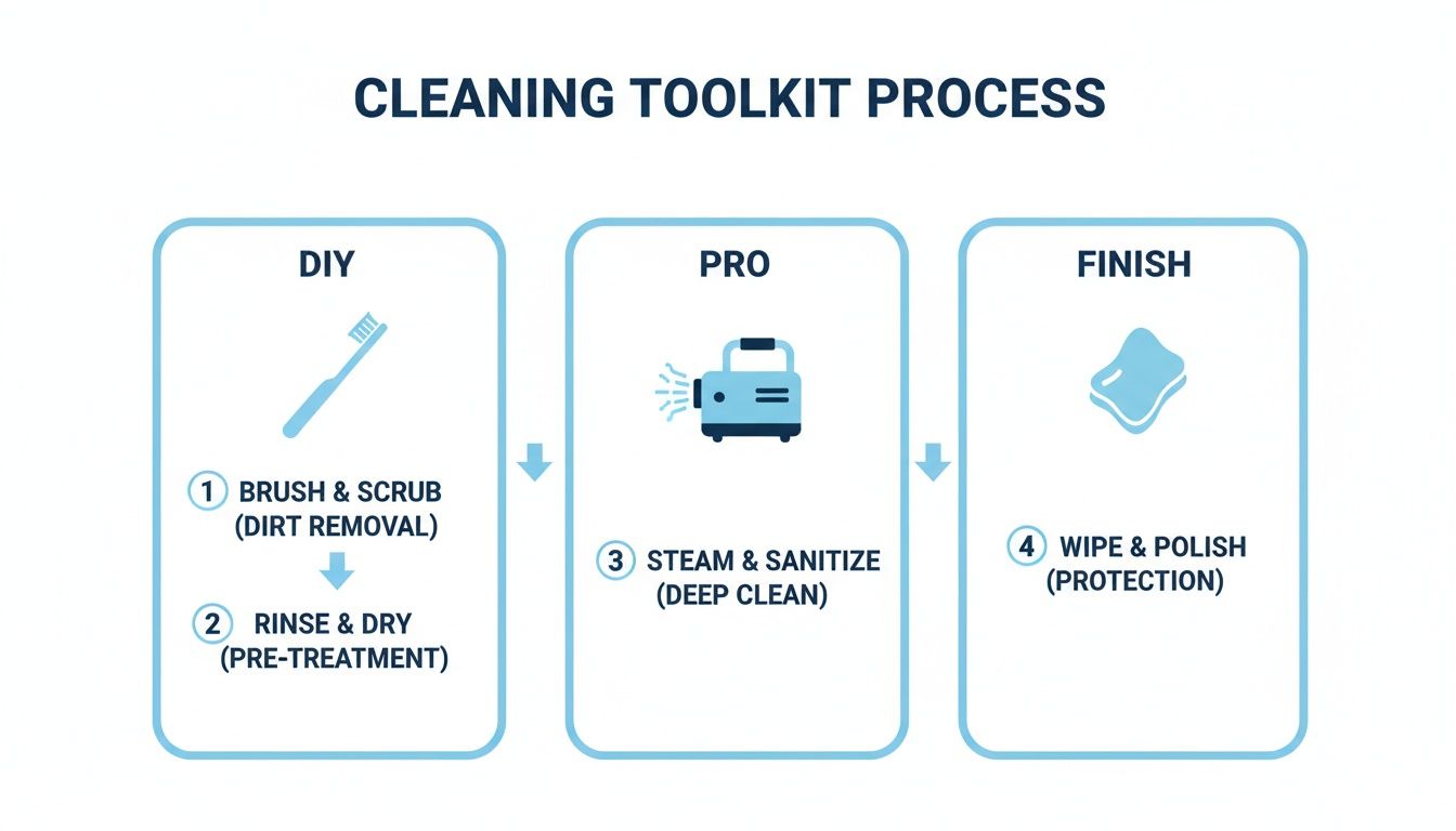 Flowchart illustrating a comprehensive cleaning toolkit process with DIY, professional, and finishing stages.