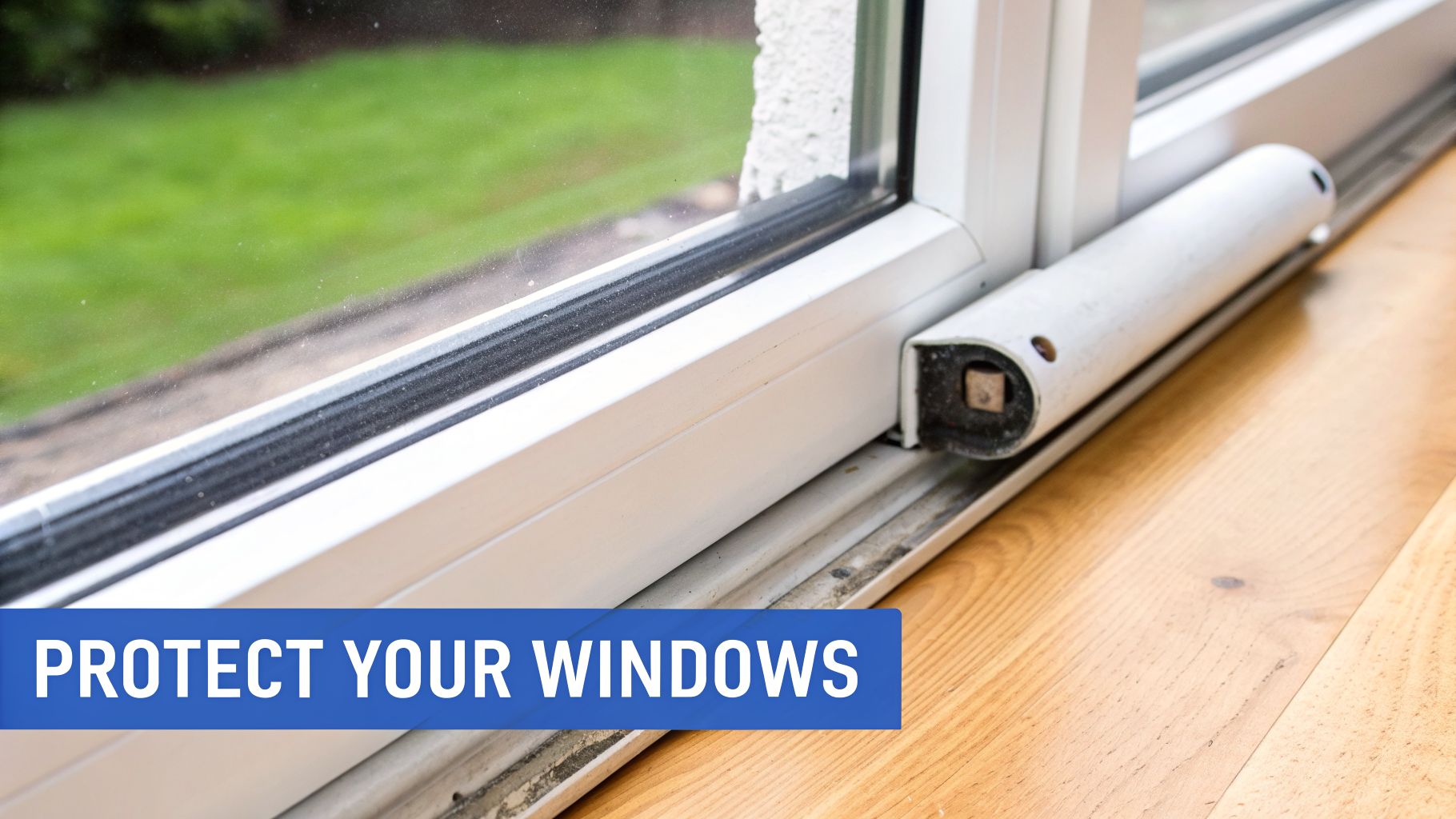 A close-up view of a dirty white window frame and track with green grass outside.