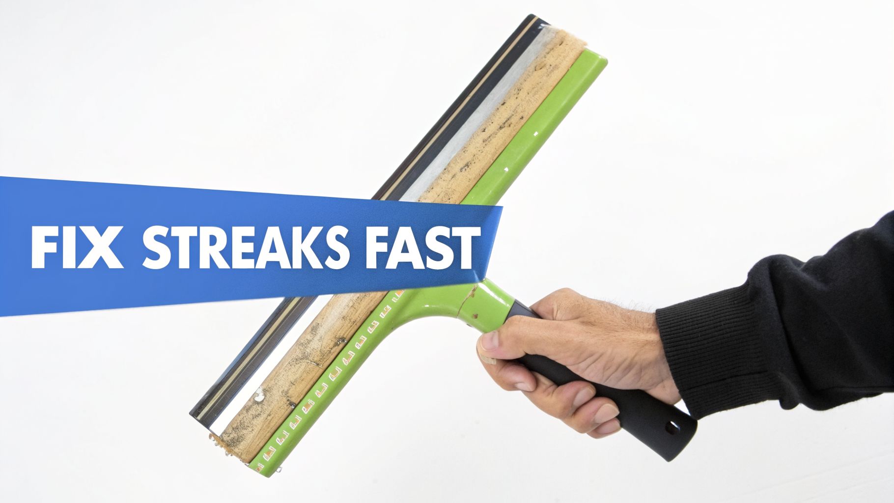 A hand holds a green squeegee with a blue banner displaying 'FIX STREAKS FAST' across it.