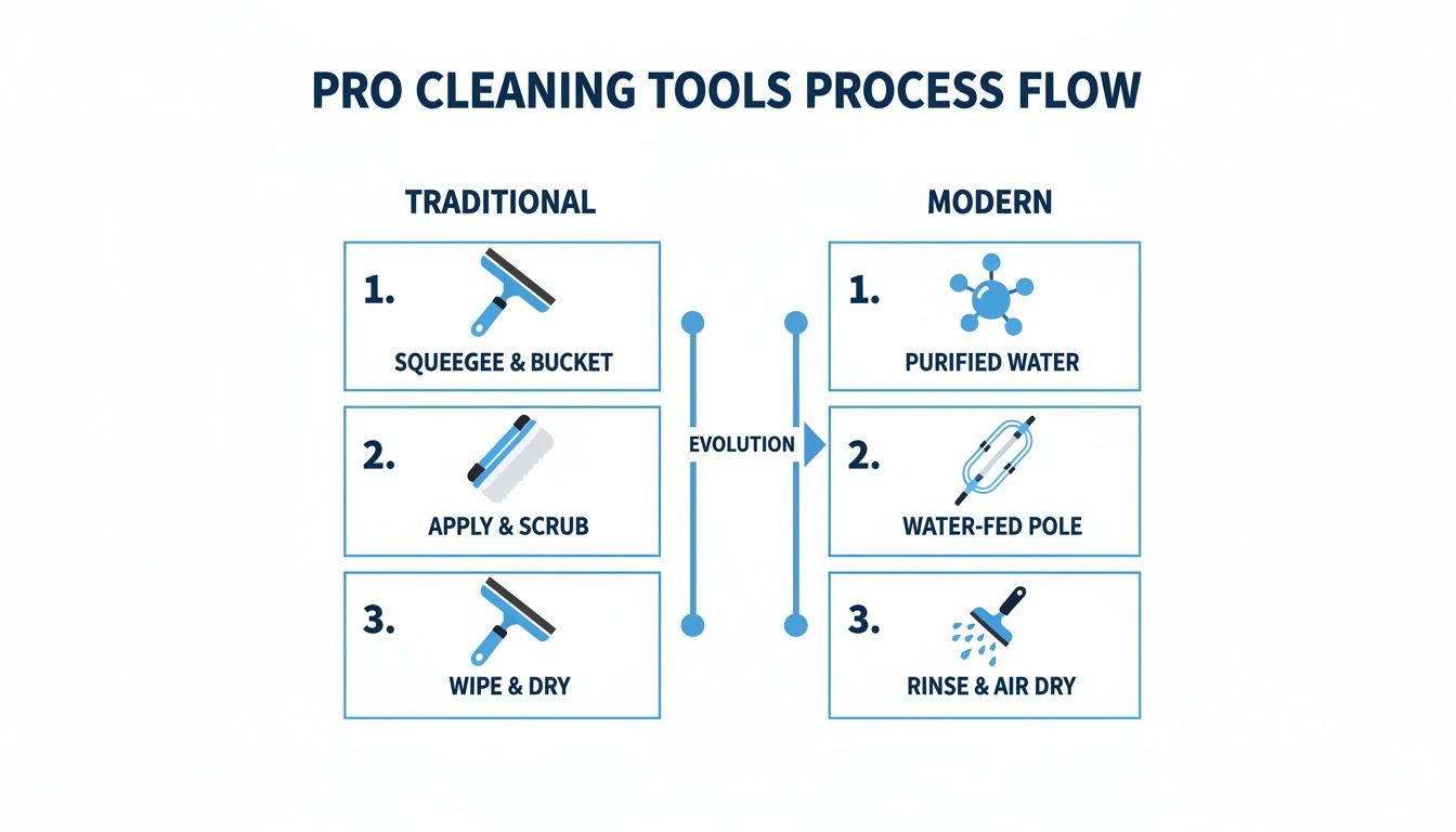 Infographic comparing traditional and modern professional cleaning tools and process flow evolution.