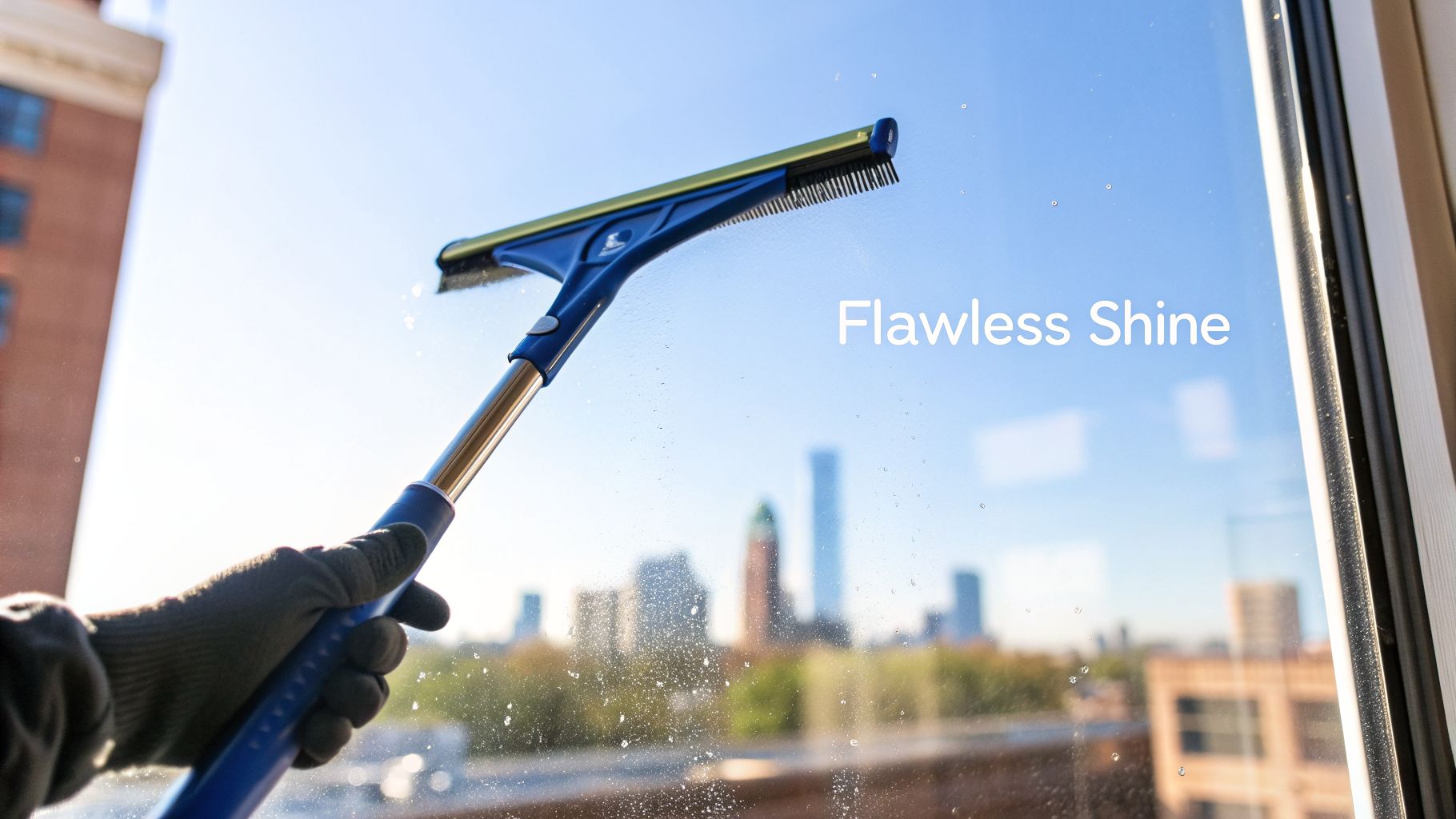 A gloved hand cleans a large window with a professional squeegee, showcasing a flawless shine.