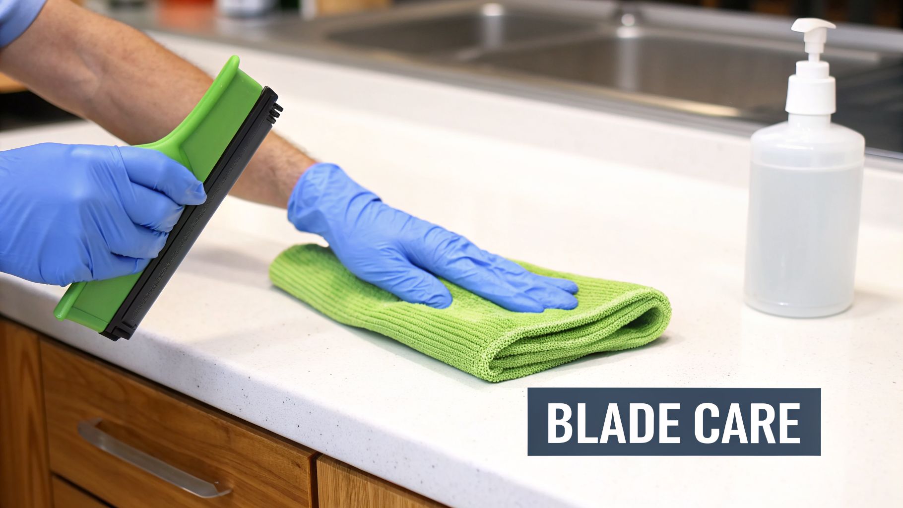 A person in blue gloves cleans a white kitchen counter with a green squeegee and microfiber cloth.
